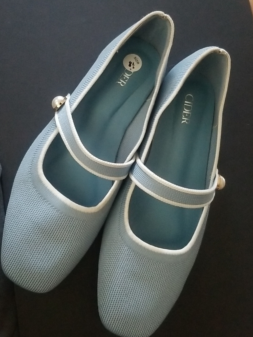 Cider Powder Blue Knit Mary Jane Flats with Pearl Strap